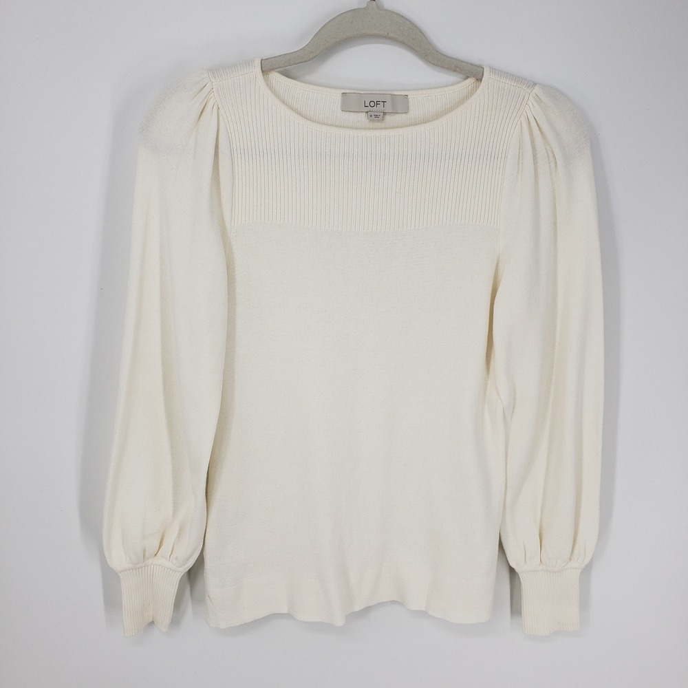 LOFT Puff Sleeve Knit Sweater Womens Size Medium Cream Cotton Ribbed‎ Yoke Work